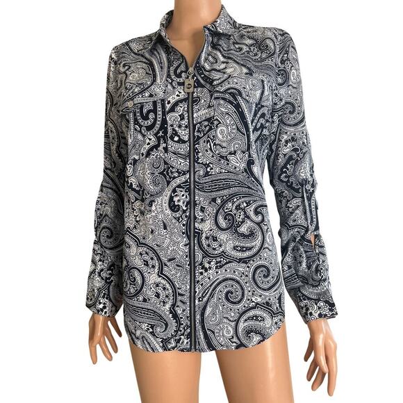 Michael Kors Bohemian Print Roll Tab Long Sleeve Paisley Zipper Front Size 6 - Picture 2 of 7